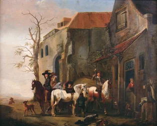 Ruiters en paarden bij de deur van een herberg