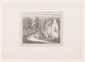 Landschap met watermolen en een grazende geit aan een touw
