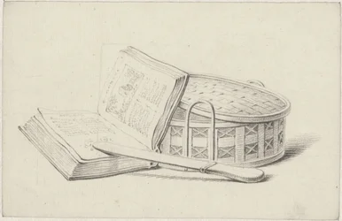 Stilleven met boek, briefopener en mandje