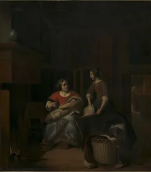 Een huisvrouw die haar dienstmeid instrueert