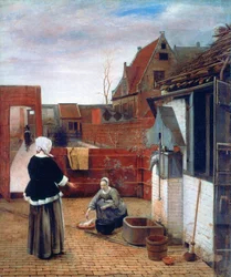 Een vrouw en een dienstmeid in een binnenplaats, ca. 1660-1661