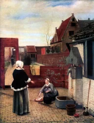 Een vrouw en haar dienstmeid in een binnenplaats, ca. 1660-1661, 1933