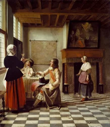 Een interieur, met een vrouw die drinkt met twee mannen en een dienstmeid