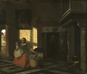 Interieur met een moeder bij een wieg, door Hooch, Pieter de