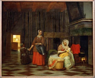 Interieur met moeder die haar kind voedt en een dienstmeisje (olieverf op doek)