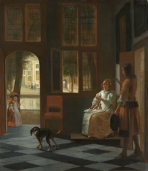 Man die een brief overhandigt aan een vrouw in de hal van een huis, 1670