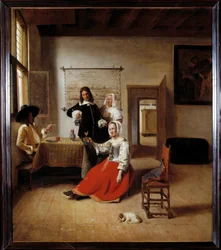 De drinkster. Een alcoholische vrouw in een Vlaams huis, omringd door andere drinkers. Schilderij van Pieter de Hooch (1629-1684), 1658. H. 0,69 x 0,6 m - Drinkende vrouw met soldaten. Interieur van een Vlaams huis. Schilderij van Pieter de Hooch