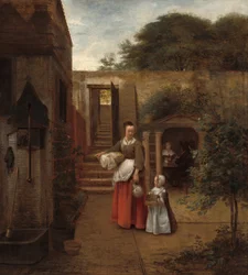 Vrouw en kind op een binnenplaats
