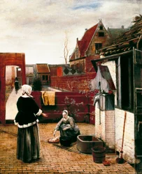 Vrouw en haar dienaar in een hof