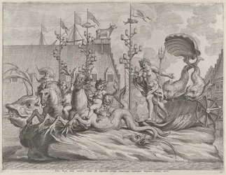 Philip van Spanje als Neptunus, rijdend in een wagen getrokken door twee zeepaarden, 1636