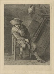 Zittende boer met kruik
