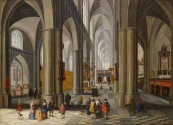 Interieur van een kathedraal met figuren