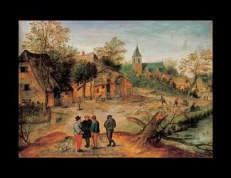 Een dorpslandschap met boeren die op de voorgrond praten, 1634