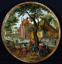 Boeren dansen rond een boom in een dorpsstraat, 1625