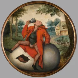 De dronkaard op een ei, Vlaams gezegde, ca.1594 (olieverf op paneel)