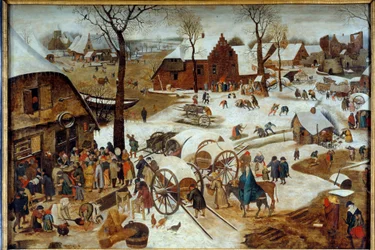 De betaling van de tiende of de volkstelling in Bethlehem. Schilderij door Pieter Brueghel de Jonge (1564-1638) 17e eeuw Caen, Musée des Beaux Arts