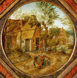 Dorpsstraat met boeren (schilderij op hout)
