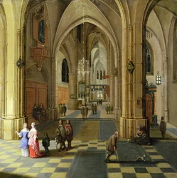 Het interieur van een gotische kathedraal met twee vrouwen in gesprek