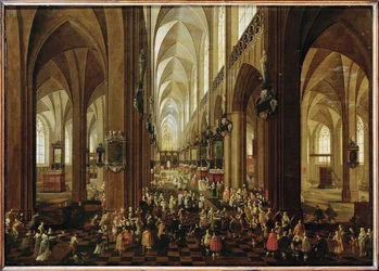 Interieur van de Notre Dame van Antwerpen, Aartshertog Leopold Wilhelm ontvangen door het kapittel (schilderij op eikenhout)