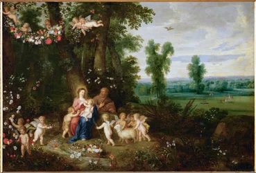 De Heilige Familie met Johannes de Doper en engelen (schilderij op koper)