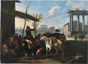 Boeren buiten een herberg, een stad en oude ruïnes daarachter