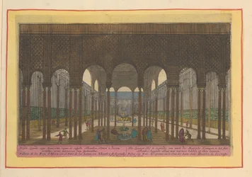 Gezicht op de leeuwenhof in het Alhambra te Granada. Het Leeuwenhof te Granada, een werk der Moorse koningen in het slot Alhambra, met twee marmeren bakken op tien leeuwen (titel op het object). Theatrum Hispaniae (...) (serietitel)