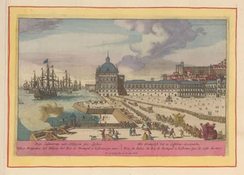 Gezicht op het Koninklijk Paleis te Lissabon en het voorplein met mensen