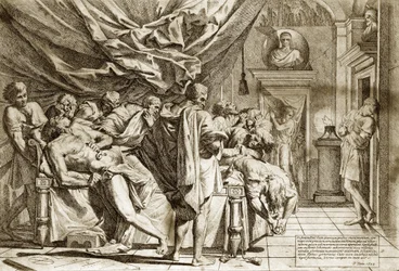 De dood van Caton de Oudere (Marcus Porcius Cato) of Caton de Censor (234-149 v.Chr.) door Pietro Testa 1648 - De dood van Cato - 1648, door Pietro Testa (1612-1650 v.Chr.), ets