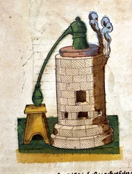 Alchemie: Apparatuur voor distillatie. Gravure uit een boek van Pietro Andrea Mattioli (Matthiole) (1500-1577). Frankfurt