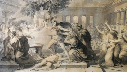 Dood van Priamus, door Pietro Benvenuti, prent van schilderij uit 1811