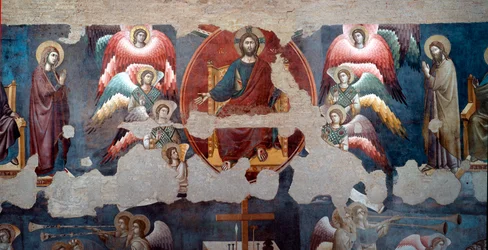 Het Laatste Oordeel. De tronende Christus wordt omringd door engelen. Detail. Fresco van Pietro de Cerroni, genaamd Cavallini (actief rond 1273-1321), 1293, Rome, Santa Cecilia in Trastevere