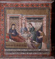 De geboorte van Maria, mozaïek uit de apsis van Pietro Cavallini, eind 13e eeuw, Rome, Kerk Santa Maria in Trastevere