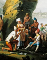 Scène uit het dagelijks leven in Posillipo-grot, mannen die kaarten, door Pietro Fabris, olieverf op doek, detail
