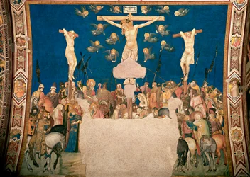 Kruisiging. Fresco door Pietro Lorenzetti (1280/5-1348) 1335-1340. Basilica di San Francesco, Chiesa Inferiore, Assisi