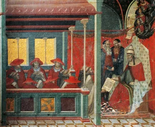 Honorius III keurt Karmelietenregel goed, detail van predella van altaarstuk voor Carmine