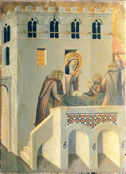 De gezegende geneest de voet van een monnik van de Abdij van Vallombrosa, tegel op het altaarstuk van de Gezegende Nederigheid