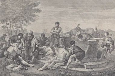 Jozef wordt door zijn broers in slavernij verkocht, die rond een put zitten en de buit verdelen