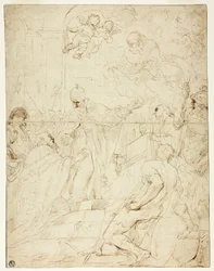 Heilige Verschijnt aan Heerser (recto); Vliegende Putto (verso)
