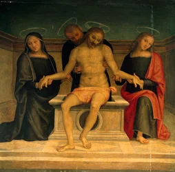 Rouw om de Dode Christus, door Perugino, fresco, Basiliek van Sint Pieter, Perugia, Umbrië, Italië