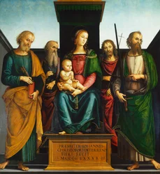 Madonna en Kind op troon met heiligen Johannes de Doper, Petrus, Paulus en Johannes de Evangelist, door Pietro Perugino