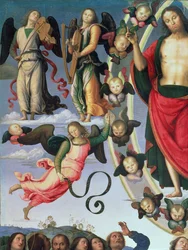 De Hemelvaart van Christus, detail van Christus en muzikale engelen, rechterbovenhoek