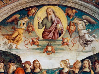 De Heer omringd door profetieën en sibillen. Detail van de Almachtige Heer. Fresco door Pietro Vannucci, genaamd Il Perugino (1500)