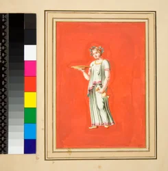 Vrouwelijk figuur op voetstuk met patera en amphora