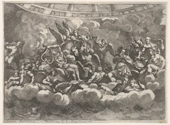 Verzameling van verschillende Olympische goden en mythologische figuren tussen wolken, Apollo in het midden...