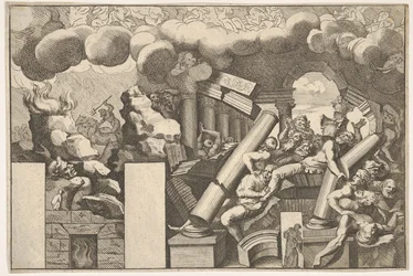 Reuzen Verpletterd door Rotsen en de Vallende Zuilen van de Tempel, Wolken van Rook erboven