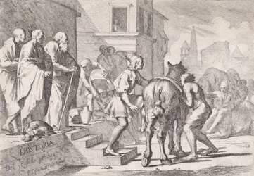 Het vertrek van de verloren zoon, getoond op het punt een paard te bestijgen, uit een serie van vier..., ca. 1645