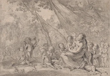 De tuin van liefdadigheid, vrouw die liefdadigheid voorstelt rechts omringd door kinderen, ca. 1631-37