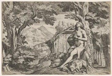 De verloren zoon zittend aan de voet van een boom tussen de zwijnen, zijn blik omhoog gericht..., ca. 1640-50