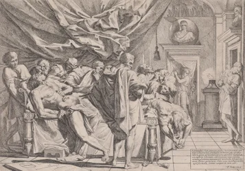 De zelfmoord van de filosoof Cato, die op zijn bed ligt en zijn ingewanden eruit trekt, gadegeslagen door b..., 1648