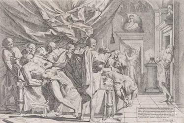 De zelfmoord van de filosoof Cato, die op zijn bed ligt en zijn ingewanden eruit trekt, gadegeslagen door b..., 1648